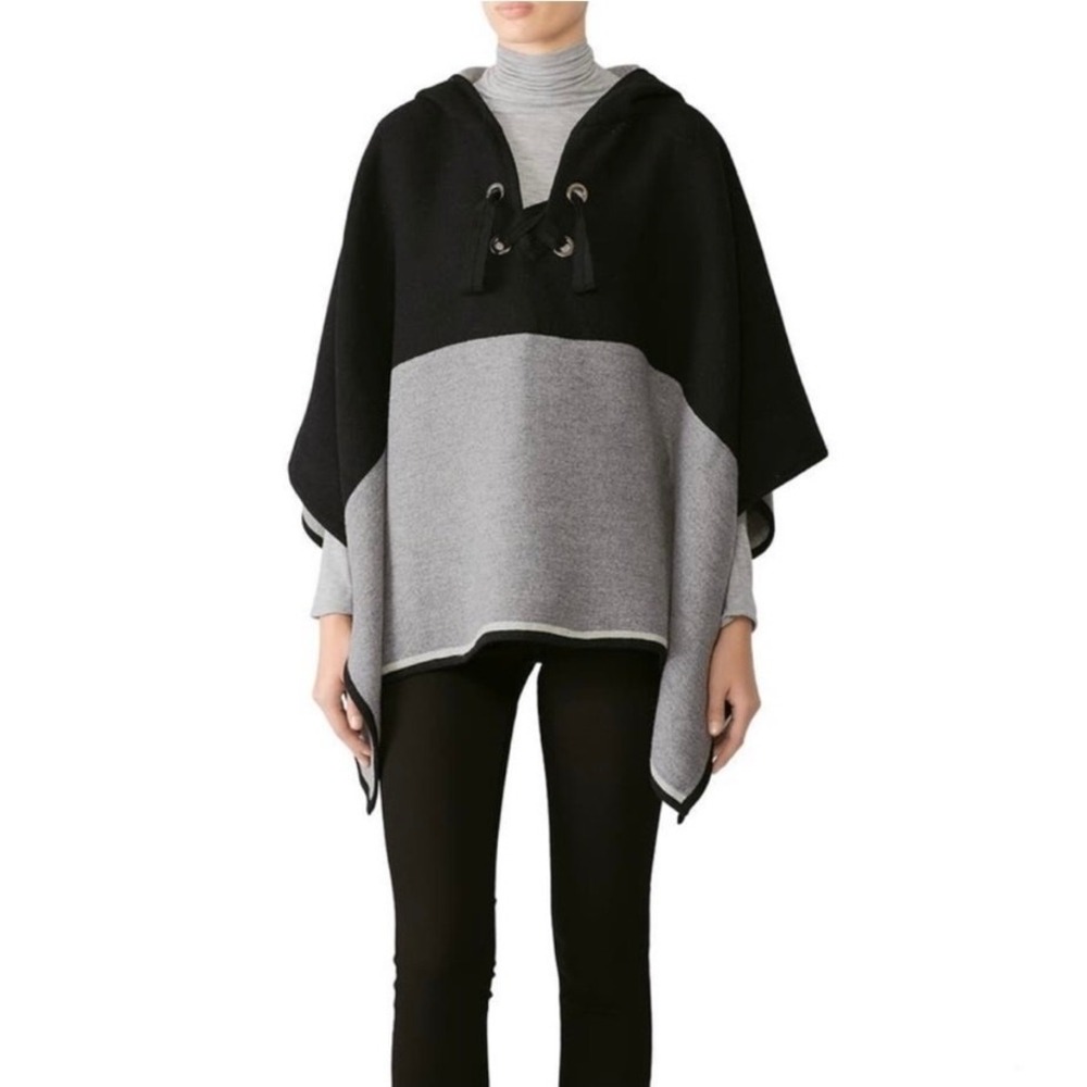 SOLD SOLD  Hooded Poncho Cape Wool‎ Blend Colorblock Black Gray One Size